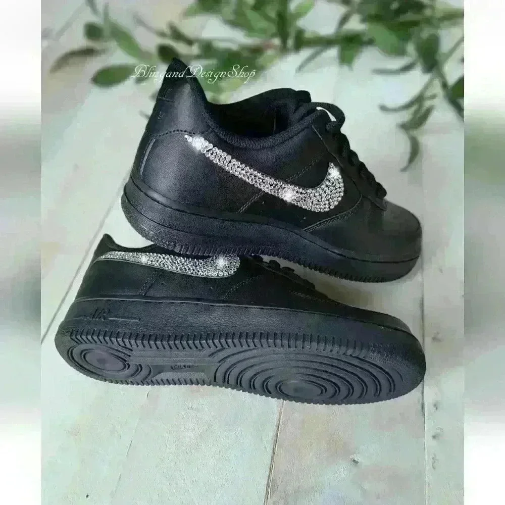 Nike Air Force 1 07 Black Sneakers Shoes made with Swarovski Crystal Bling Nikes